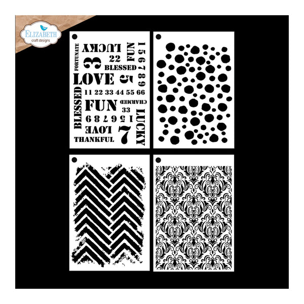 Four black-and-white stencil designs shown on a black background, with a circular Elizabeth Craft Designs logo in the top-left corner. The stencils include typography with words like 'LUCKY,' 'BLESSED,' 'LOVE,' 'FUN,' and 'THANKFUL,' a polka dot pattern, a chevron pattern, and an ornate damask pattern.