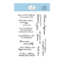A sheet of clear stamp designs from Elizabet's Elegance, featuring various inspirational quote phrases in black typography on a white background with a light blue header.
