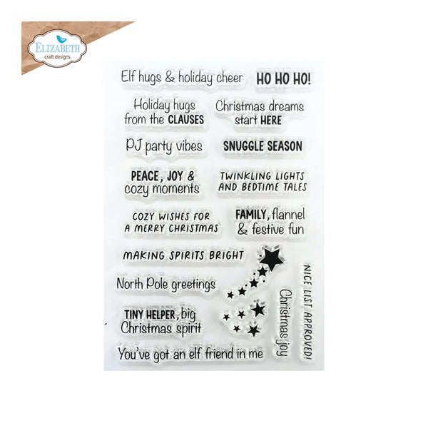 A sheet of clear stamp designs with black printed holiday phrases and star graphics, shown on a white background with a small Elizabeth craft designs logo in the top-left corner.
