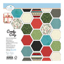 Back cover of a cardstock paper pack showing a grid of hexagonal patterned swatches in red, green, blue, black, and cream, with product text and the Elizabeth Craft Designs logo.