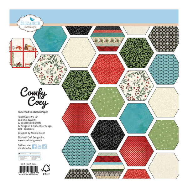 Back cover of a cardstock paper pack showing a grid of hexagonal patterned swatches in red, green, blue, black, and cream, with product text and the Elizabeth Craft Designs logo.