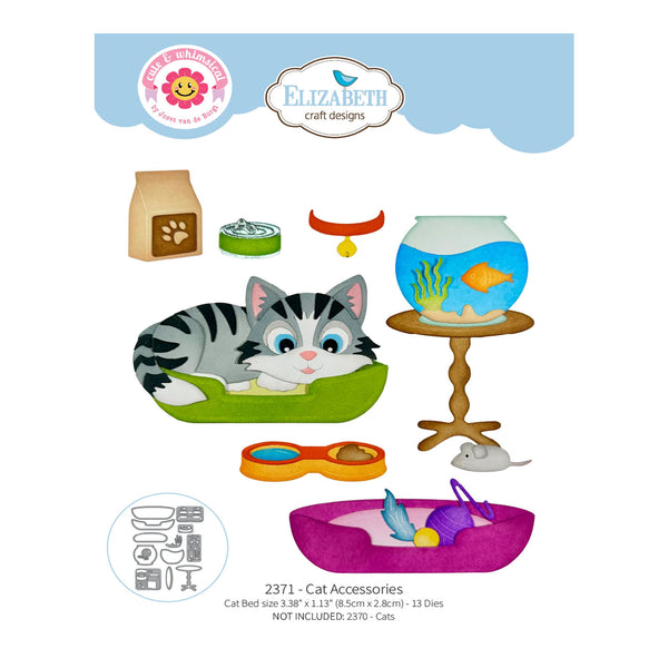 A sheet of craft dies for a cat accessories set by Elizabeth Craft Designs, featuring illustrated items like a gray tabby cat in a green bed, a fishbowl, food bowls, a mouse, and a purple cat bed, with product text at the bottom.