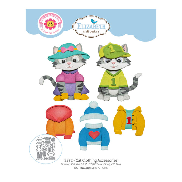 Crafting pattern cover for Elizabeth Craft Designs '2372 - Cat Clothing Accessories', featuring illustrated cats in winter outfits and separate clothing pieces, with branding and product title on a white background.