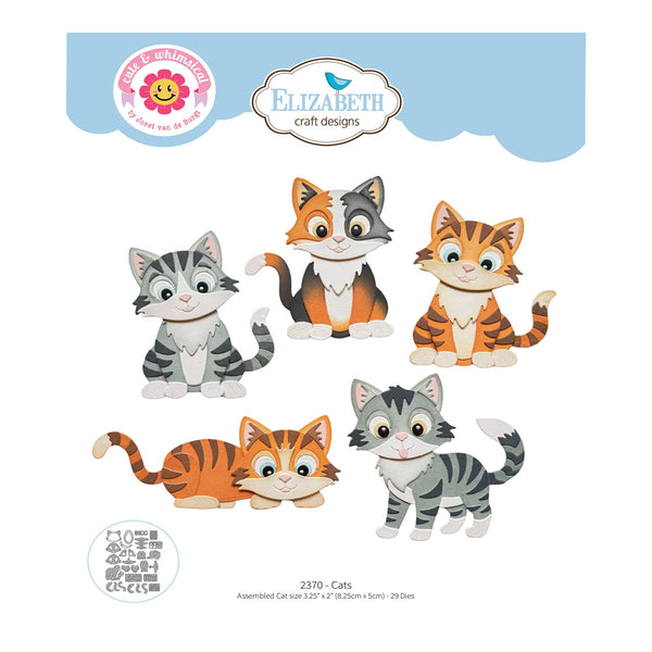 A sheet of craft cut files featuring five cute cartoon cats in various colors and poses, with branding for 'Elizabeth craft designs' at the top and product details at the bottom.