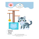 Craft die packaging graphic for Elizabeth Designs 2373 Cat Scratching Post, featuring a cartoon gray-and-white cat, a wooden scratching post, and a turquoise cat-shaped pad on a white background with brand logos and product text.