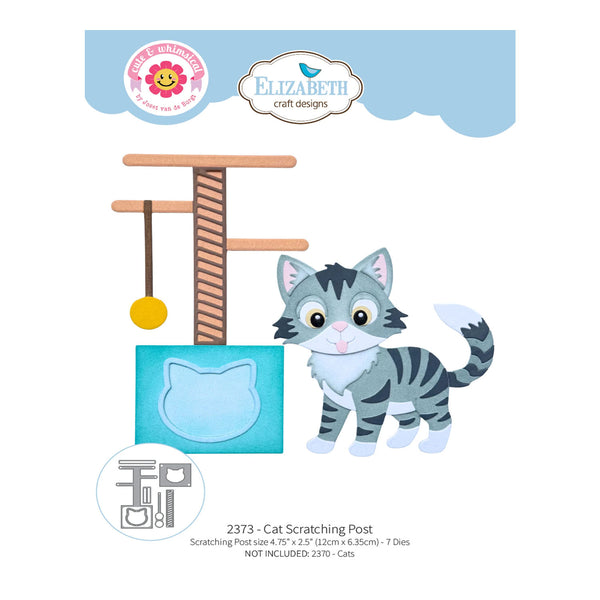 Craft die packaging graphic for Elizabeth Designs 2373 Cat Scratching Post, featuring a cartoon gray-and-white cat, a wooden scratching post, and a turquoise cat-shaped pad on a white background with brand logos and product text.