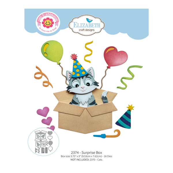 Elizabeth craft designs '2374 - Surprise Box' die-cut craft kit illustration featuring a gray tabby cat wearing a party hat popping out of a cardboard box with colorful balloons, streamers, and hearts on a white background.