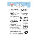 A sheet of clear stamp designs featuring cat-themed phrases and paw prints, with the Elizabeth craft designs logo at the top on a white background.