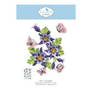 A craft design sheet from Elizabeth Craft Designs featuring purple columbine flowers, green leaves, and pink-and-black butterflies, with product text and a blue brand banner at the top.