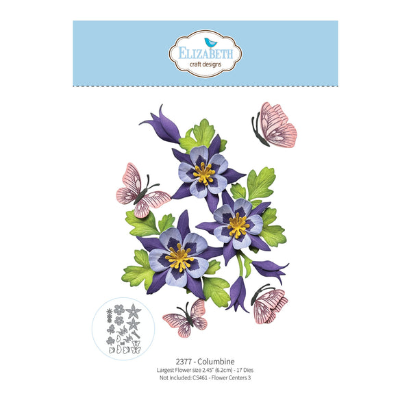 A craft design sheet from Elizabeth Craft Designs featuring purple columbine flowers, green leaves, and pink-and-black butterflies, with product text and a blue brand banner at the top.