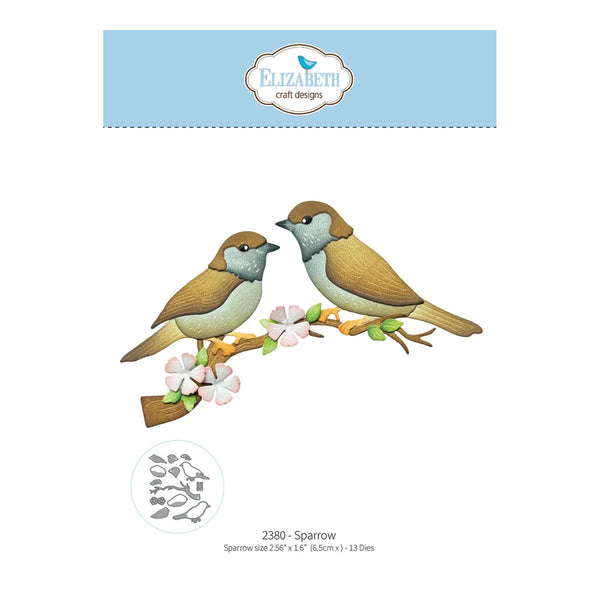 Craft die set packaging for 'Elizabeth craft designs' featuring two sparrow birds perched on a branch with pink blossoms. The package includes a blue header with the brand logo, the illustrated design, a small circular preview of the die cut shapes, and the text '2380 - Sparrow' with dimensions and '13 Dies' at the bottom.