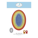 A craft product listing for an oval stitched ovals design by Elizabeth Craft Designs. The main product is a large oval with concentric rainbow-colored stitched bands surrounding a blue patterned center.