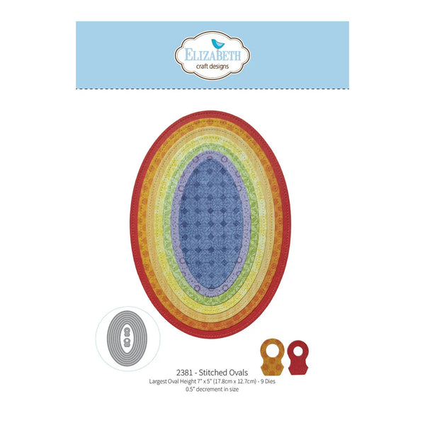 A craft product listing for an oval stitched ovals design by Elizabeth Craft Designs. The main product is a large oval with concentric rainbow-colored stitched bands surrounding a blue patterned center.