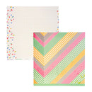 Two square craft paper sheets from Elle's Studio collection on a white background. One sheet features a white grid pattern with colorful confetti dots along the border, and the other features a vibrant chevron pattern with diagonal stripes in pink, yellow, green, and gray.