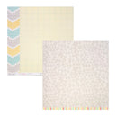 Two square patterned paper sheets overlapping on a white background. The top sheet is cream with a light grid and a multicolor chevron border in gray, yellow, and blue.
