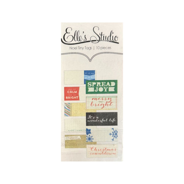 Elle's Studio Noel Tiny Tags set of 10 pieces, featuring various colorful and patterned holiday-themed tags on a white backing card.