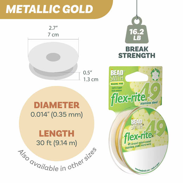 BeadSmith Flex-rite 49 Strand Beading Wire 0.014" x 30ft - Metallic Satin Gold