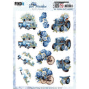 Sheet of decorative cutouts featuring blue trucks and floral designs with 'Blue Meadow' branding.