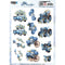 Sheet of decorative cutouts featuring blue trucks and floral designs with 'Blue Meadow' branding.