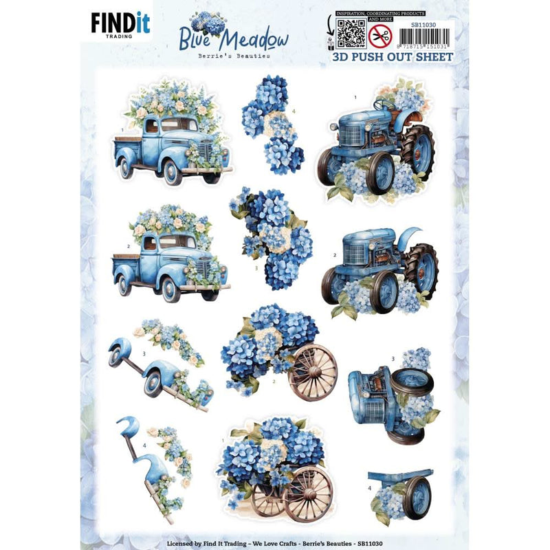 Sheet of decorative cutouts featuring blue trucks and floral designs with 'Blue Meadow' branding.