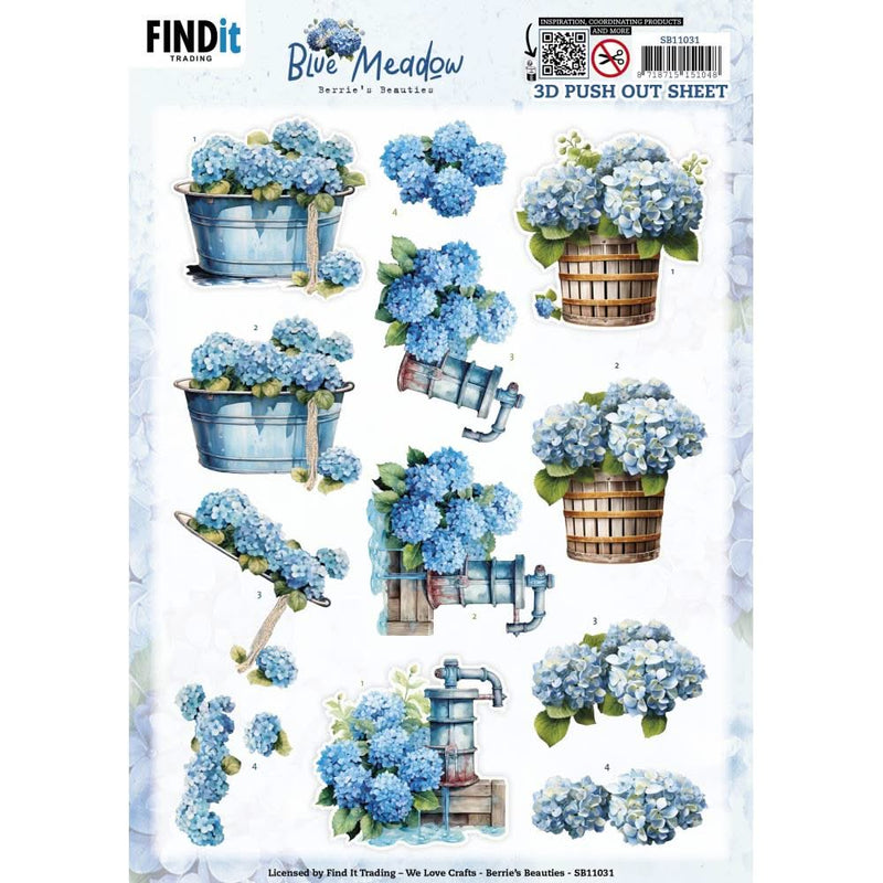 3D push-out sheet with blue flowers and buckets on a white background