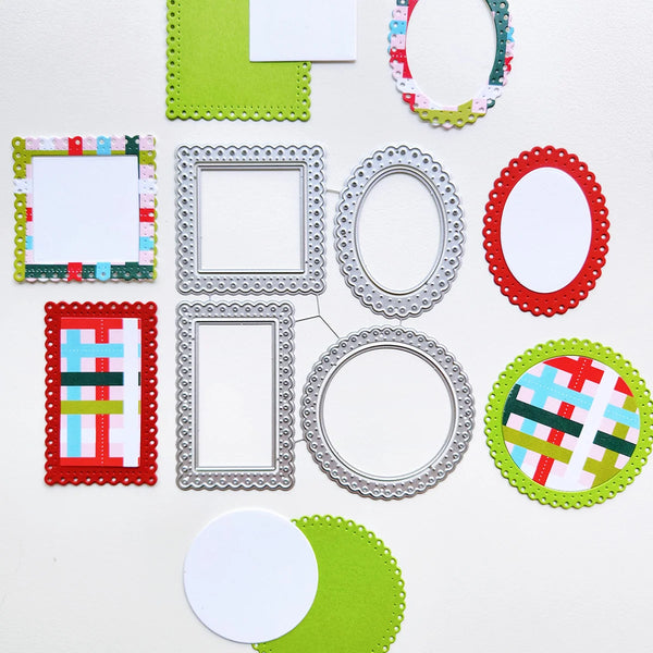 A flat-lay arrangement of scrapbooking paper and metal dies on a white background. The set includes various rectangular and oval paper frames with scalloped edges in red, green, silver, and multicolor patterns, alongside solid green and white paper circles.