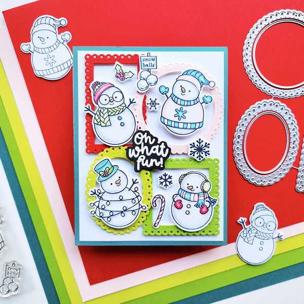 A handmade layered card featuring four illustrated snowmen in winter outfits, arranged on red and striped cardstock with silver die-cut frames and small embellishments.