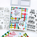 A festive handmade holiday card featuring a snowman illustration and the phrase 'HO HO HO let it snow,' displayed alongside matching clear stamps and decorative paper pieces on a white background.