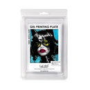 A packaged gel printing plate featuring a stylized portrait of a woman with black hair, yellow glasses, and red lips on a blue background. The clear plastic sleeve shows the front insert with text including 'GEL PRINTING PLATE' and 'GELELF'.