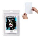 Gel printing plate packaging with a person holding a printed sheet, on a white background
