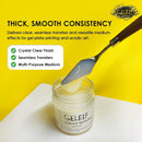 A jar of GELELF Matte Gel medium with a spatula lifting some of the thick cream-colored gel, set against a bright yellow background with promotional text.