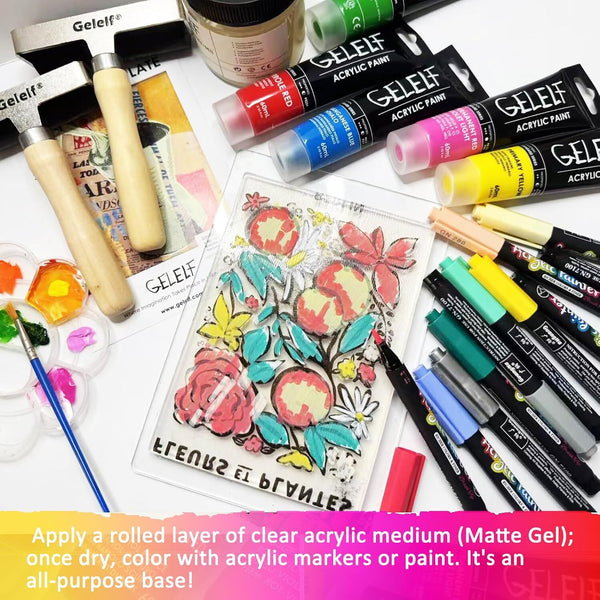 Art supplies including acrylic paint, markers, and a floral design on paper with text overlay.