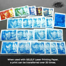 A set of blue-and-white laser-printed portrait transfer sheets arranged on a dark surface, with several small multicolor sample prints at the top. Text at the bottom reads: 'When used with GELELF Laser Printing Paper, a print can be transferred over 20 times.