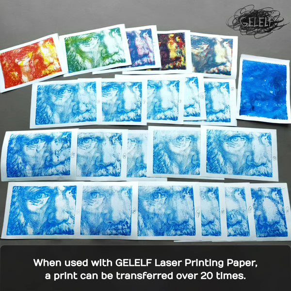 A set of blue-and-white laser-printed portrait transfer sheets arranged on a dark surface, with several small multicolor sample prints at the top. Text at the bottom reads: 'When used with GELELF Laser Printing Paper, a print can be transferred over 20 times.