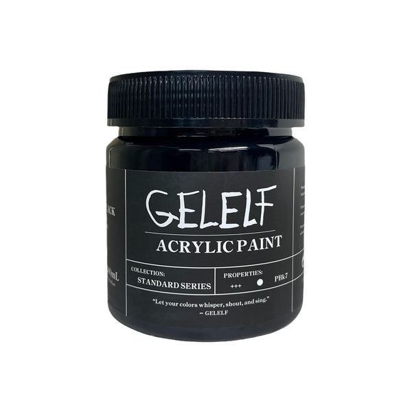 Jar of GELEF acrylic paint with black lid on a white background