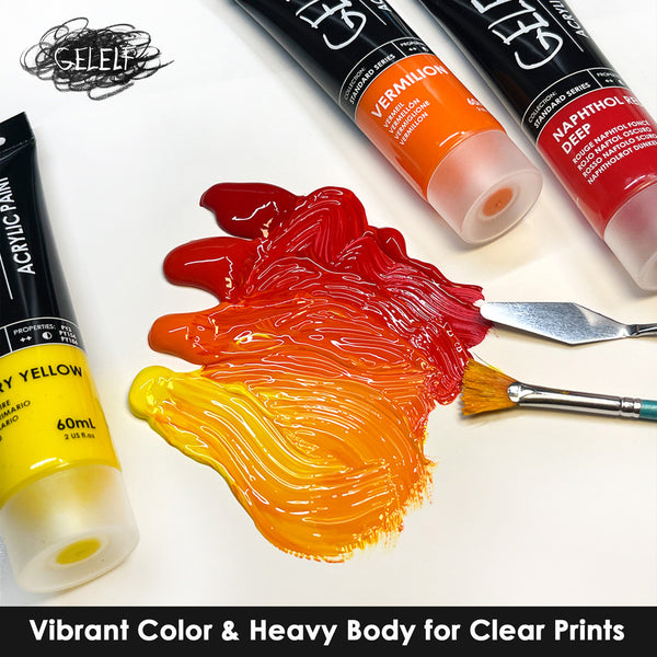 Acrylic paint tubes with color swatches on a white background