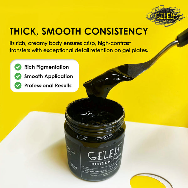 Gelelf acrylic paint jar with a brush dripping paint, on a yellow background