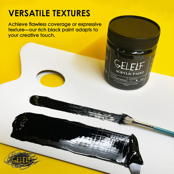 GELEIF acrylic paint jar with black paint swatch and brush on a yellow background