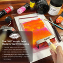 Gelprint acrylic paint set with tools on a wooden surface, featuring the Geelf brand.