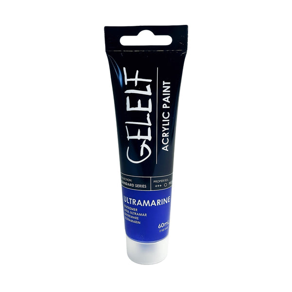 Tube of GELELT acrylic paint in ultramarine color on a white background
