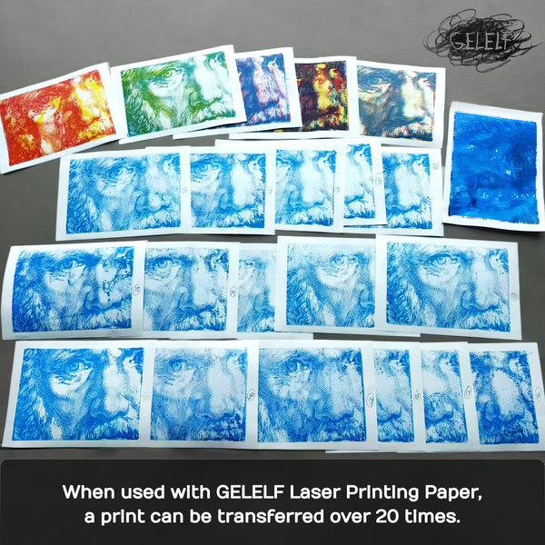 Collection of printed images on GELELF laser printing paper with text about its durability.