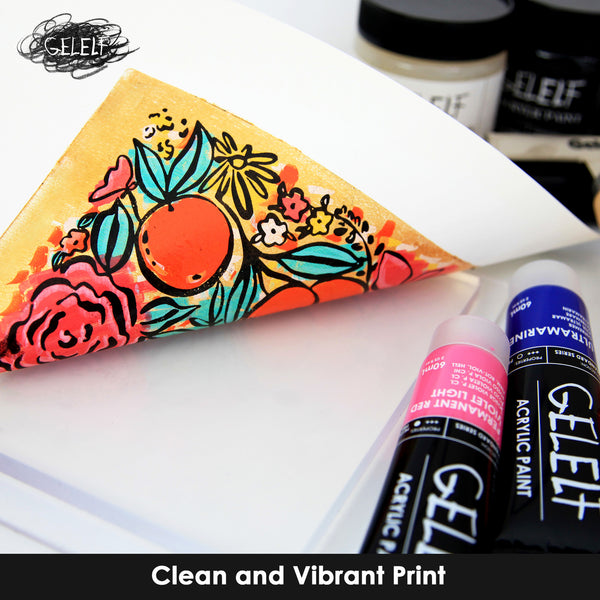 Colorful print on paper with GELEIF acrylic paint tubes in the foreground.