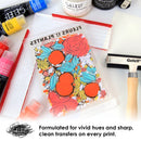 Floral design transfer sheet with Geleef acrylic paint bottles and tools on a white surface.