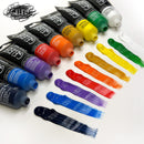 Set of GELELI watercolor paint tubes with color swatches on a white background