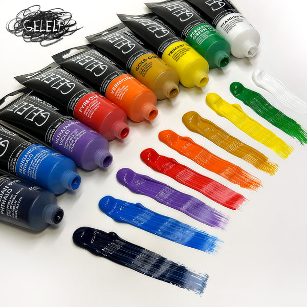 Set of GELELI watercolor paint tubes with color swatches on a white background