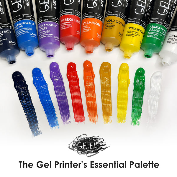 Set of GELEEF acrylic paint tubes with color swatches on a white background