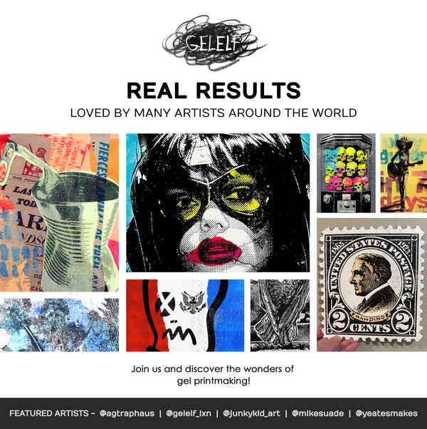 Collage of art pieces with 'geilelf' branding and text about their work being loved by artists worldwide.