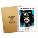 Gel printing plate with a face design and Gezelf branding on a white background