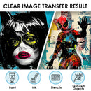 Two superhero-themed artworks with clear image transfer result text above them.