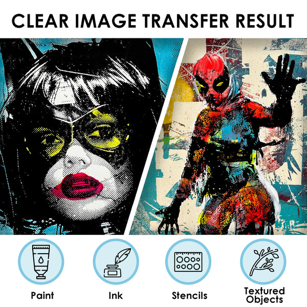 Two superhero-themed artworks with clear image transfer result text above them.